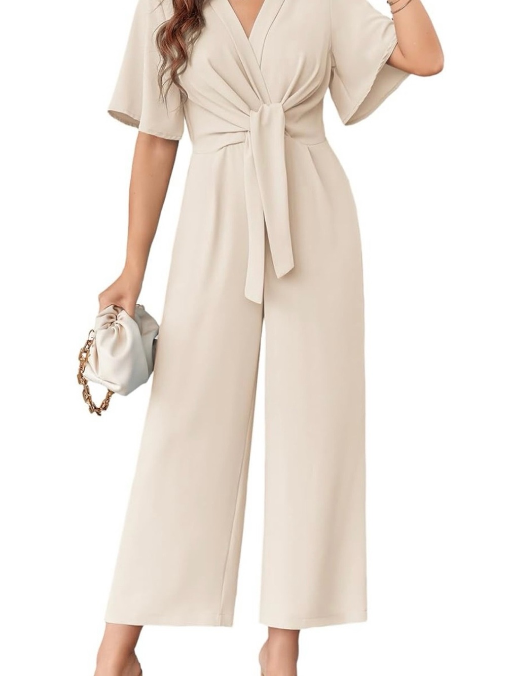 Amazon Tie-Front Wide-Leg Jumpsuit - beige